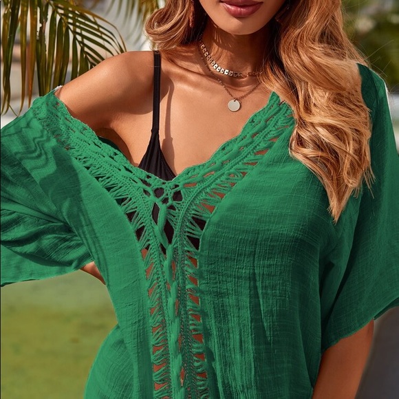 🌾 BOHO GREEN CROCHET VNECK BEACH COVERUP! - Picture 4 of 7